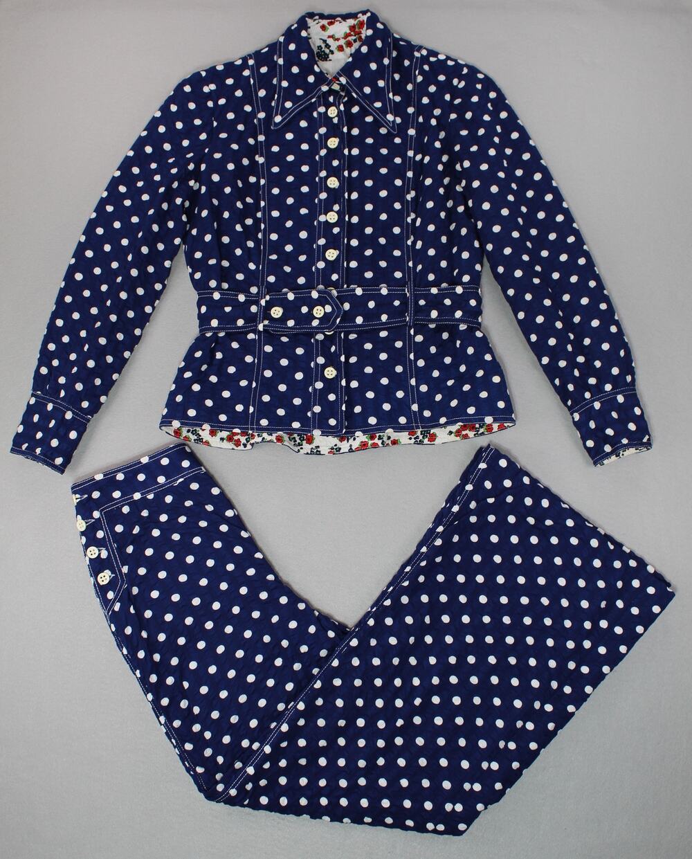 Vintage Mark Hober Inc Polka Dot Pant Suit Women's XS/S Belted Jacket 70's